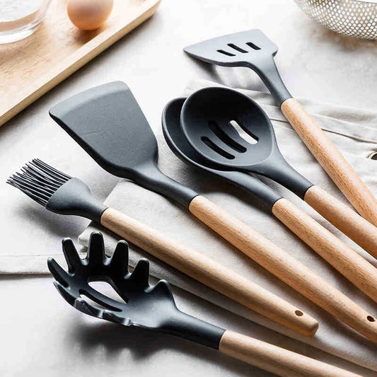 12Pcs/Set Wooden Handle Silicone Kitchen Utensils